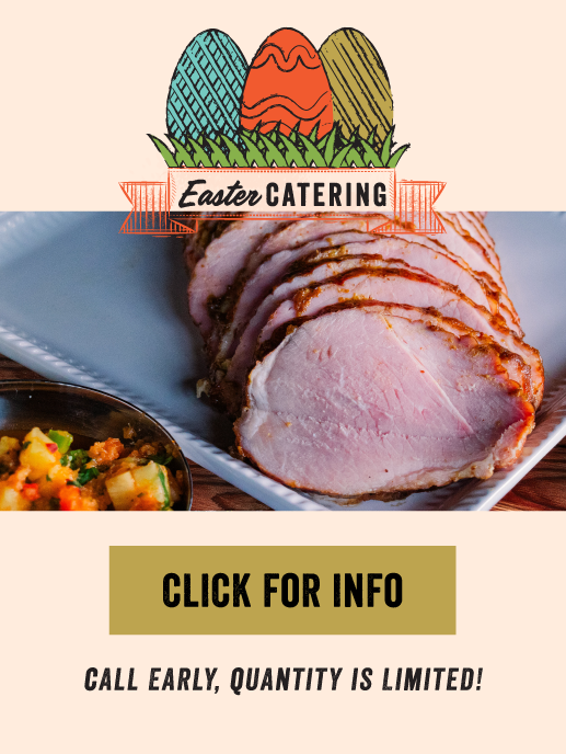 Dinosaur Bar-B-Que Easter Ham Package graphic. Photo of Easter Ham and Pineapple Salsa. Click For Info